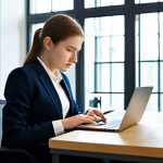 A diligent female professional, dressed in a modest business blazer and collared shirt, sits attentively at a modern wooden desk in a bright, contemporary office. She is focused on a laptop screen, with several open browser tabs visible, and has a physical notepad and pen beside her, indicating active note-taking and comparison. The background shows blurred bookshelves and a large window with soft natural light. The atmosphere is calm and studious, emphasizing research and analytical thought. Perfect anatomy, correct proportions, natural pose, well-formed hands, proper finger count, natural body proportions. Fully clothed, modest clothing, appropriate attire, professional dress, safe for work, appropriate content, professional.
