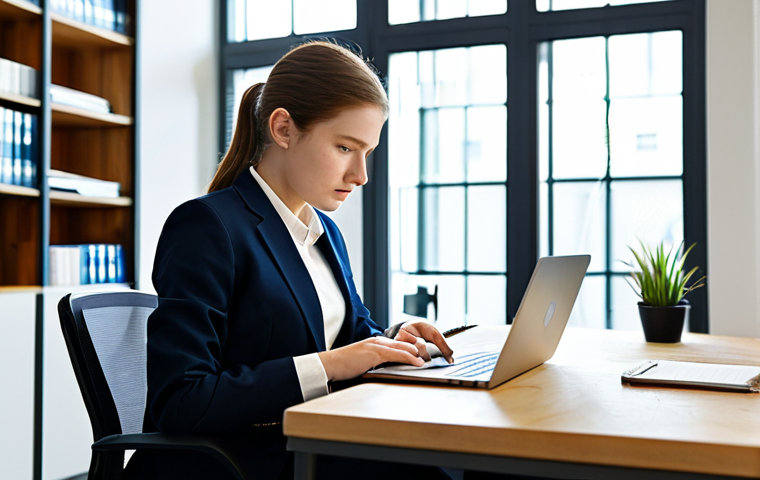 A diligent female professional, dressed in a modest business blazer and collared shirt, sits attentively at a modern wooden desk in a bright, contemporary office. She is focused on a laptop screen, with several open browser tabs visible, and has a physical notepad and pen beside her, indicating active note-taking and comparison. The background shows blurred bookshelves and a large window with soft natural light. The atmosphere is calm and studious, emphasizing research and analytical thought. Perfect anatomy, correct proportions, natural pose, well-formed hands, proper finger count, natural body proportions. Fully clothed, modest clothing, appropriate attire, professional dress, safe for work, appropriate content, professional.