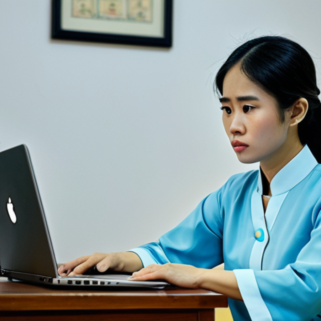 **

A concerned-looking Vietnamese woman sits at her desk, illuminated by the glow of a laptop. The screen displays a confusing array of social media posts, some with alarming headlines. She's wearing a traditional Ao Dai, styled in a modern, professional way.  The background is a comfortably furnished home office in Hanoi. The overall tone is slightly anxious and reflective. "safe for work", "appropriate content", "fully clothed", "professional", perfect anatomy, natural proportions, well-formed hands, proper finger count, natural body proportions.

**