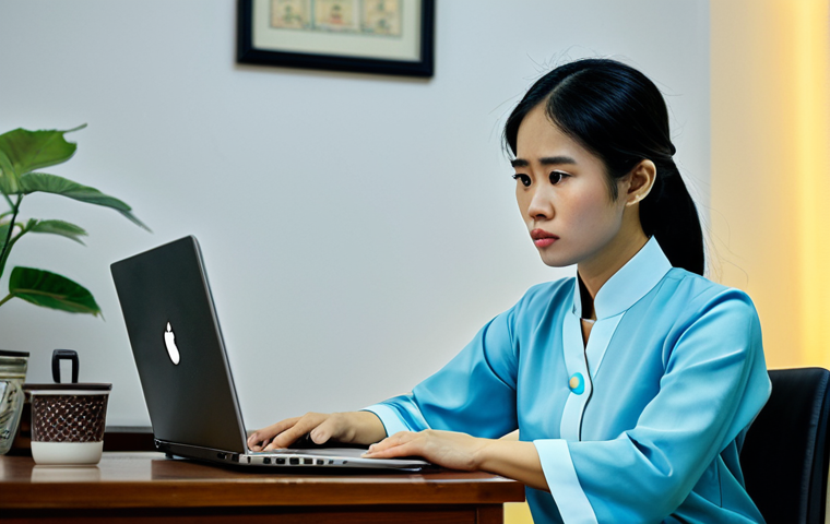 **

A concerned-looking Vietnamese woman sits at her desk, illuminated by the glow of a laptop. The screen displays a confusing array of social media posts, some with alarming headlines. She's wearing a traditional Ao Dai, styled in a modern, professional way.  The background is a comfortably furnished home office in Hanoi. The overall tone is slightly anxious and reflective. "safe for work", "appropriate content", "fully clothed", "professional", perfect anatomy, natural proportions, well-formed hands, proper finger count, natural body proportions.

**