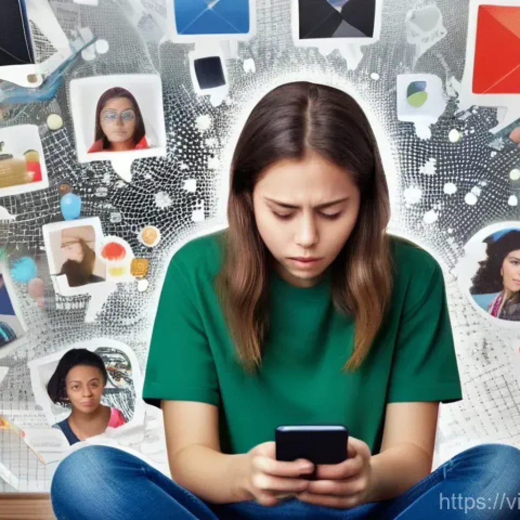 가짜뉴스가 여론에 미치는 영향 - **Prompt: The Overwhelmed Consumer of Misinformation**
    "A young woman, approximately 18-25 years...