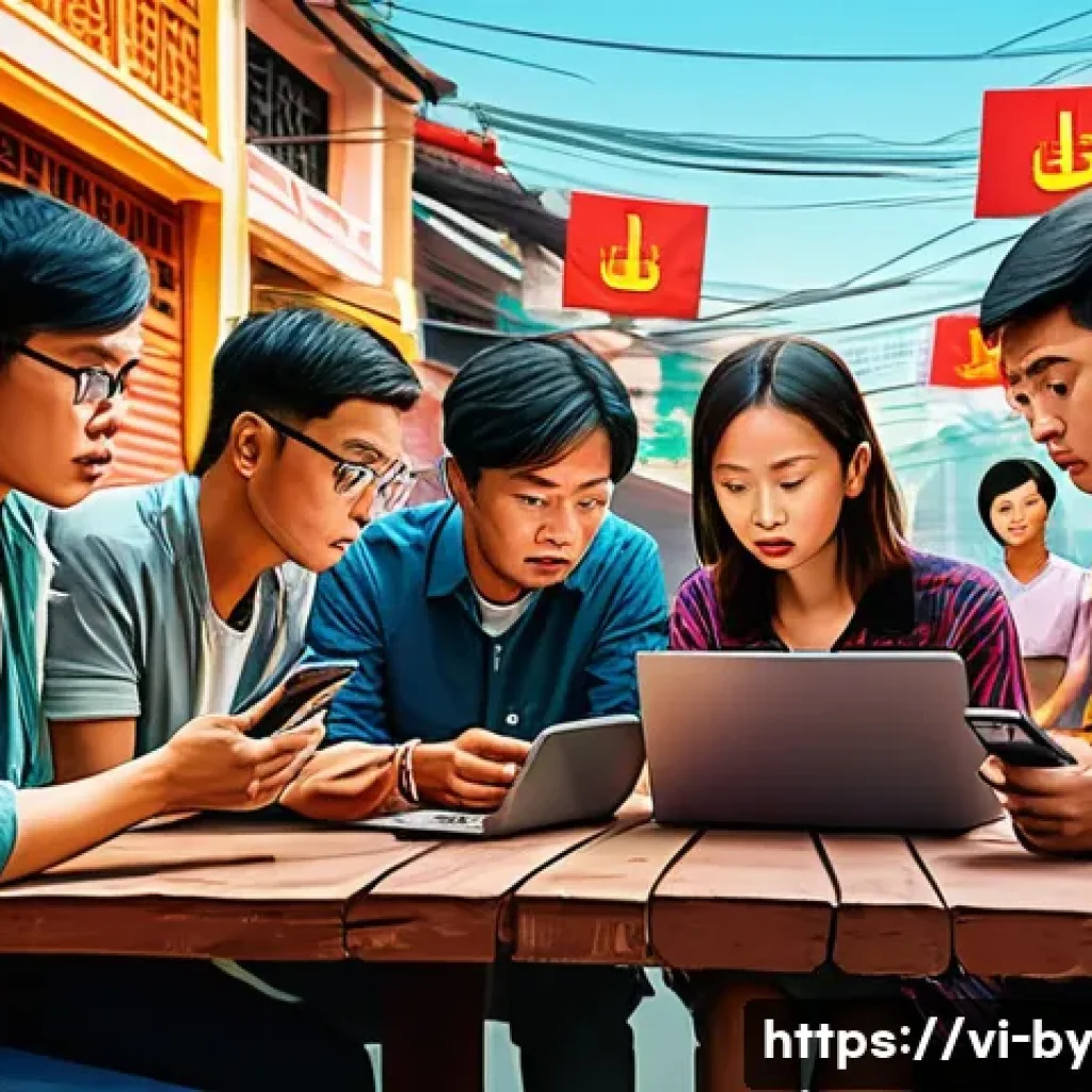 가짜뉴스의 실질적 사례 연구 - A detailed digital illustration of a Vietnamese urban community scene showing diverse people gathere...