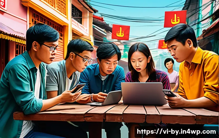 가짜뉴스의 실질적 사례 연구 - A detailed digital illustration of a Vietnamese urban community scene showing diverse people gathere...