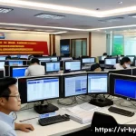 가짜뉴스 판별을 위한 5가지 질문 - A professional newsroom setting in Vietnam, showing a diverse team of journalists and editors workin...
