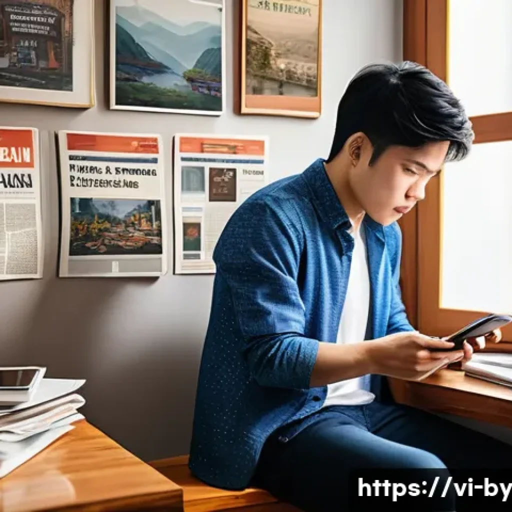 가짜뉴스와 정보의 신뢰성 - A Vietnamese social media user thoughtfully browsing news articles on a smartphone, surrounded by va...