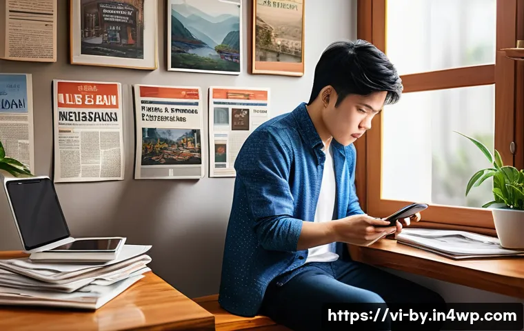 가짜뉴스와 정보의 신뢰성 - A Vietnamese social media user thoughtfully browsing news articles on a smartphone, surrounded by va...