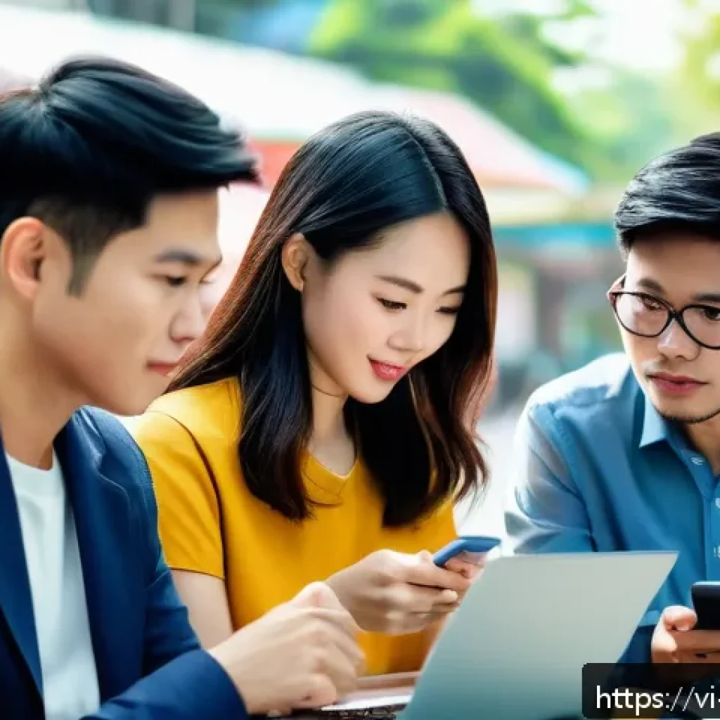 가짜뉴스 생태계의 이해 - A modern Vietnamese urban setting with diverse young adults gathered around smartphones and laptops,...