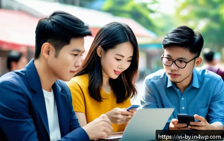 가짜뉴스 생태계의 이해 - A modern Vietnamese urban setting with diverse young adults gathered around smartphones and laptops,...