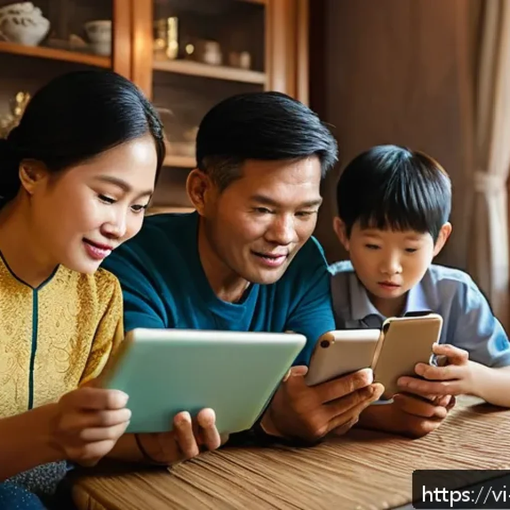 가짜뉴스와 정보전달의 중요성 - A detailed scene of a Vietnamese family sitting together in a cozy living room, thoughtfully discuss...