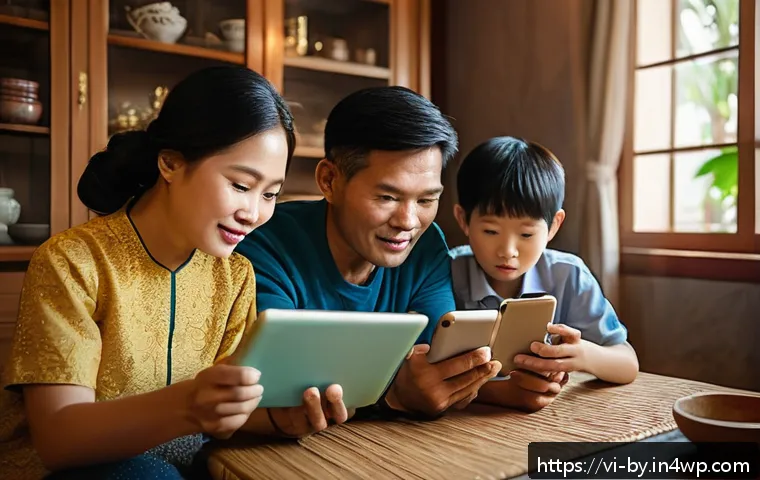가짜뉴스와 정보전달의 중요성 - A detailed scene of a Vietnamese family sitting together in a cozy living room, thoughtfully discuss...